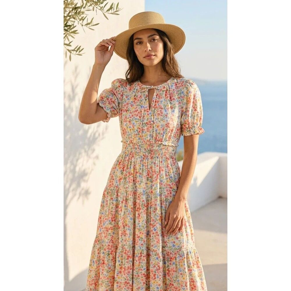 Kaii Short Puff Sleeves Maxi Dress in Poplin White Ditsy Size Large